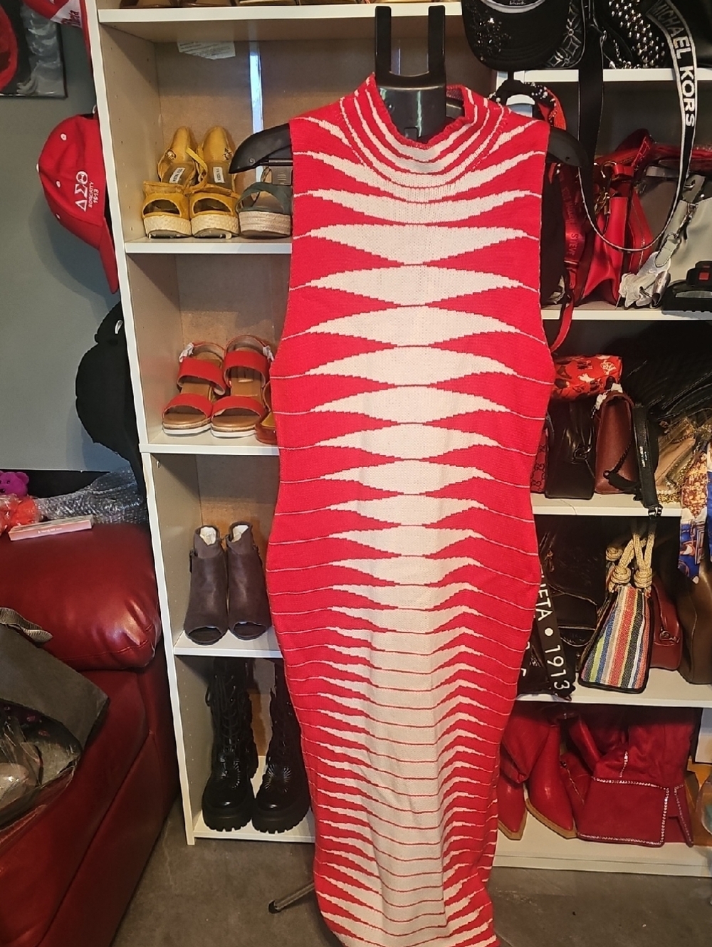 Sleeveless Red & Cream Knit Bodycon Dress
